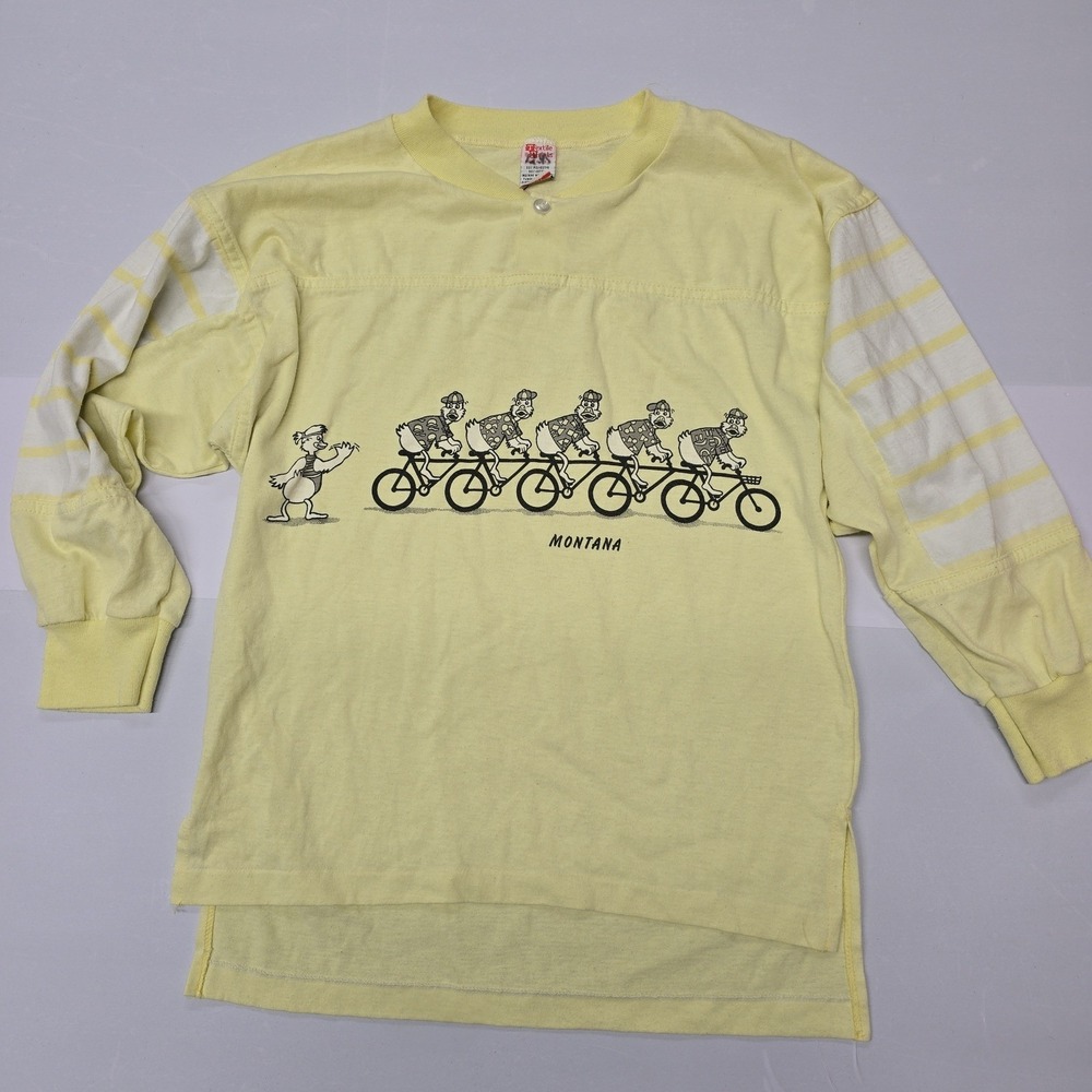 Vintage Textile Prints Montana Ducks Bicycling Jersey Henley Yellow Small Mens